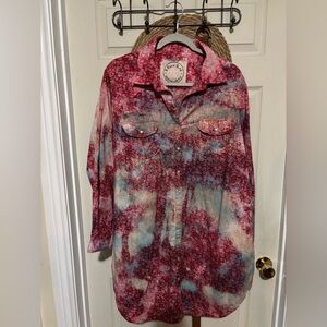 A Rare Bird Shirt Dress Size M/L distressed print with pearl snap buttons .